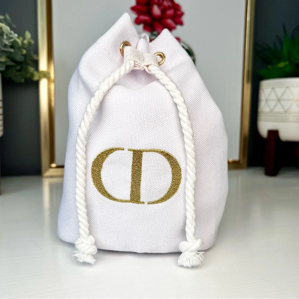 Dior White Canvas Drawstring Cosmetic Pouch with Gold Logo - Picture 1 of 6